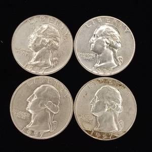 lot 157 image: 1957 90% Silver Washington Quarters - 4 Coins Total � One Dollar Face Value � Tax Exempt Constitutional Currency