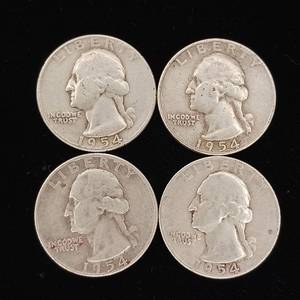 lot 160 image: 1954 90% Silver Washington Quarters - 4 Coins Total � One Dollar Face Value � Tax Exempt Constitutional Currency