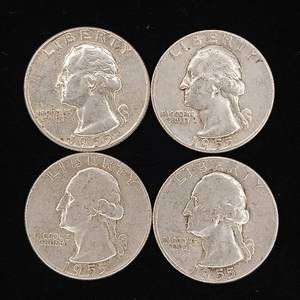 lot 166 image: 1955 90% Silver Washington Quarters - 4 Coins Total � One Dollar Face Value � Tax Exempt Constitutional Currency