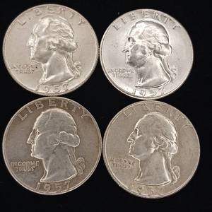 lot 169 image: 1957 90% Silver Washington Quarters - 4 Coins Total � One Dollar Face Value � Tax Exempt Constitutional Currency
