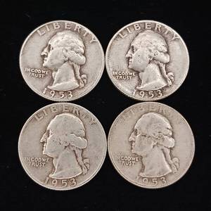 lot 172 image: 1953 90% Silver Washington Quarters - 4 Coins Total � One Dollar Face Value � Tax Exempt Constitutional Currency