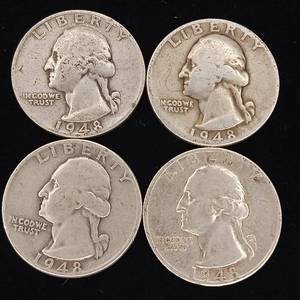 lot 175 image: 1948 90% Silver Washington Quarters - 4 Coins Total � One Dollar Face Value � Tax Exempt Constitutional Currency