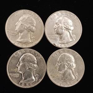 lot 178 image: 1957 90% Silver Washington Quarters - 4 Coins Total � One Dollar Face Value � Tax Exempt Constitutional Currency