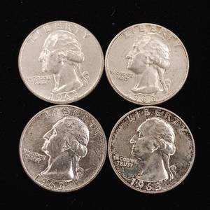 lot 181 image: 1963 90% Silver Washington Quarters - 4 Coins Total � One Dollar Face Value � Tax Exempt Constitutional Currency