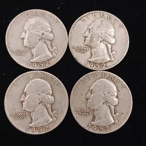 lot 184 image: 1952 90% Silver Washington Quarters - 4 Coins Total � One Dollar Face Value � Tax Exempt Constitutional Currency