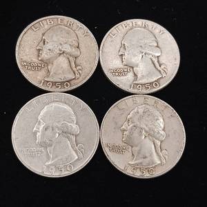 lot 187 image: 1950 90% Silver Washington Quarters - 4 Coins Total � One Dollar Face Value � Tax Exempt Constitutional Currency