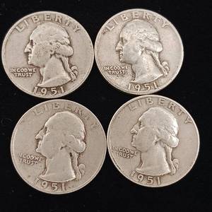 lot 190 image: 1951 90% Silver Washington Quarters - 4 Coins Total � One Dollar Face Value � Tax Exempt Constitutional Currency