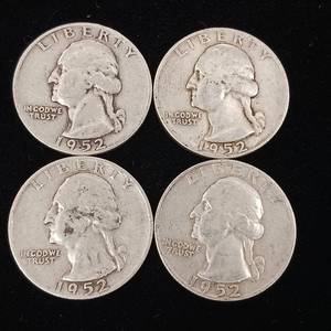 lot 193 image: 1952 90% Silver Washington Quarters - 4 Coins Total � One Dollar Face Value � Tax Exempt Constitutional Currency
