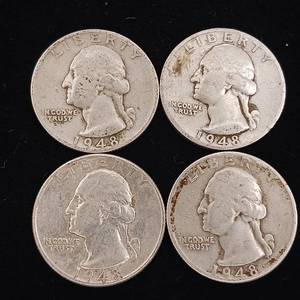 lot 196 image: 1948 90% Silver Washington Quarters - 4 Coins Total � One Dollar Face Value � Tax Exempt Constitutional Currency