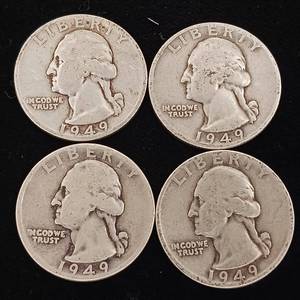 lot 199 image: 1949 90% Silver Washington Quarters - 4 Coins Total � One Dollar Face Value � Tax Exempt Constitutional Currency