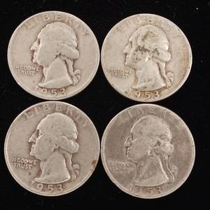 lot 202 image: 1953 90% Silver Washington Quarters - 4 Coins Total � One Dollar Face Value � Tax Exempt Constitutional Currency