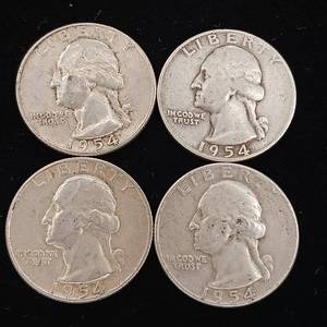 lot 205 image: 1954 90% Silver Washington Quarters - 4 Coins Total � One Dollar Face Value � Tax Exempt Constitutional Currency