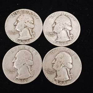 lot 144 image: 1948 90% Silver Washington Quarters - 4 Coins Total � One Dollar Face Value � Tax Exempt Constitutional Currency