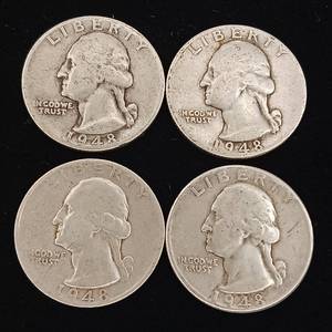 lot 147 image: 1948 90% Silver Washington Quarters - 4 Coins Total � One Dollar Face Value � Tax Exempt Constitutional Currency