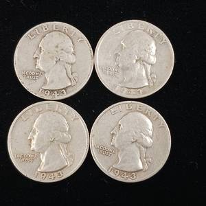 lot 156 image: 1943 90% Silver Washington Quarters - 4 Coins Total � One Dollar Face Value � Tax Exempt Constitutional Currency