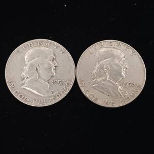 lot 133 image: 1954 90% Silver Franklin Half Dollars - 2 Coins Total � One Dollar Face Value � Tax Exempt Constitutional Currency