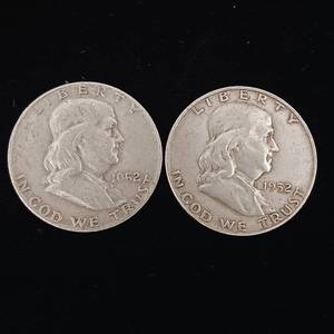 lot 140 image: 1952 90% Silver Franklin Half Dollars - 2 Coins Total � One Dollar Face Value � Tax Exempt Constitutional Currency