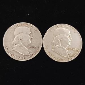 lot 143 image: 1954 90% Silver Franklin Half Dollars - 2 Coins Total � One Dollar Face Value � Tax Exempt Constitutional Currency