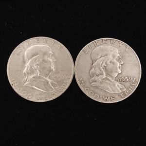 lot 146 image: 1959 90% Silver Franklin Half Dollars - 2 Coins Total � One Dollar Face Value � Tax Exempt Constitutional Currency