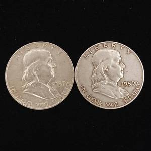 lot 149 image: 1959 90% Silver Franklin Half Dollars - 2 Coins Total � One Dollar Face Value � Tax Exempt Constitutional Currency
