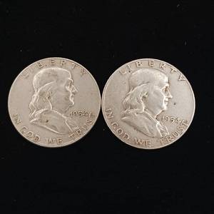 lot 152 image: 1954 90% Silver Franklin Half Dollars - 2 Coins Total � One Dollar Face Value � Tax Exempt Constitutional Currency