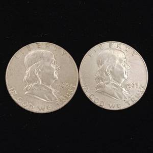 lot 155 image: 1963 90% Silver Franklin Half Dollars - 2 Coins Total � One Dollar Face Value � Tax Exempt Constitutional Currency