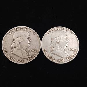 lot 158 image: 1950 90% Silver Franklin Half Dollars - 2 Coins Total � One Dollar Face Value � Tax Exempt Constitutional Currency