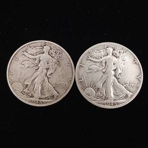 lot 161 image: 1945 90% Silver Walking Liberty Half Dollars - 2 Coins Total � One Dollar Face Value � Tax Exempt Constitutional Currency