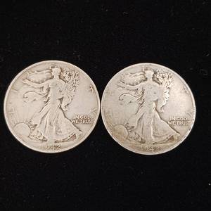 lot 176 image: 1942 90% Silver Walking Liberty Half Dollars - 2 Coins Total � One Dollar Face Value � Tax Exempt Constitutional Currency