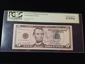 lot 139 image: 2006 - $5 Dollar Federal Reserve Star Note Superb Gem New 67 PPQ PCGS Currency Rated � TAX EXEMPT