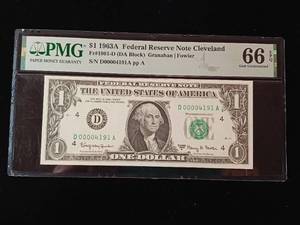 lot 162 image: 1963A $1 Federal Reserve Note Cleveland � 66 EPQ Gem Uncirculated � PMG Paper Money Guarantee  - TAX EXEMPT