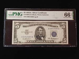 lot 180 image: 1953A $5 Silver Certificate � 66 EPQ Gem Uncirculated � PMG Paper Money Guarantee  - TAX EXEMPT