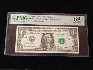 lot 189 image: 2009 $1 Federal Reserve Note San Francisco � 68 EPQ Superb Gem Uncirculated � PMG Paper Money Guarantee  - TAX EXEMPT