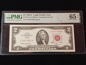 lot 198 image: 1963A Legal Tender Note � Two dollar bill - Grade 65 PPQ Gem Uncirculated - TAX EXEMPT � Red Seal