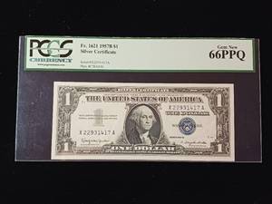 lot 201 image: 1957B - $1 Dollar Silver Certificate � Gem New 66 PPQ PCGS Currency Rated -TAX EXEMPT � Blue Seal