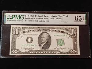 lot 210 image: 1950 $10 Federal Reserve Note New York � 65 EPQ Gem Uncirculated � PMG Paper Money Guarantee  - TAX EXEMPT