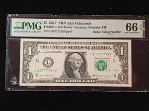 lot 219 image: 2017 Federal Reserve $1 Note San Francisco � 66 EPQ Gem Uncirculated � PMG Paper Money Guarantee � Radar Serial Number  - TAX EXEMPT