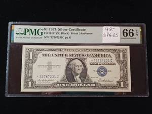 lot 231 image: Fancy (3 pairs) 1957 - $1 Dollar Silver Certificate Gem Uncirculated 66 PPQ PMG Rated � TAX EXEMPT
