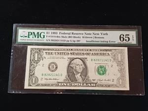 lot 237 image: Insufficient Inking Error � 65 EPQ Gem Uncirculated-  $1 1993 Federal Reserve Note New York - TAX EXEMPT