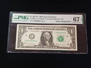 lot 235 image: 2017A Federal Reserve $1 Note San Francisco � 67 EPQ Superb Gem Uncirculated � PMG Paper Money Guarantee � Radar Serial Number  - TAX EXEMPT