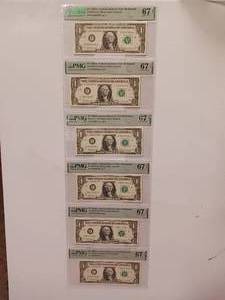 lot 229 image: 6 Notes in SERIES  1969A $1 Federal Reserve Notes Richmone � 67 EPQ Superb Gem Uncirculated � PMG Paper Money Guarantee  - TAX EXEMPT � 6 notes total