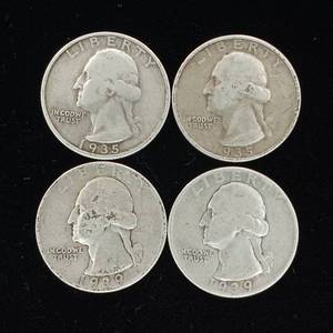 lot 132 image: Pre-1965 90% Silver Washington Quarters - 4 Coins Total � One Dollar Face Value � Tax Exempt Constitutional Currency