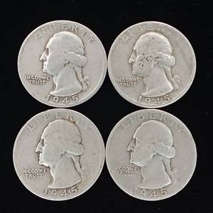 lot 203 image: 1945 90% Silver Washington Quarters - 4 Coins Total � One Dollar Face Value � Tax Exempt Constitutional Currency