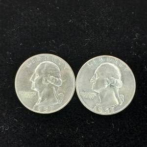 lot 206 image: 2 shiny bright 1957 90% Silver Washington Quarters � 2 Coins Total �  Tax Exempt Constitutional Currency