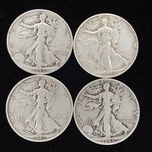 lot 211 image: 1945 90% Silver Walking Liberty Half Dollars - 4 Coins Total � 2 Dollars Face Value � Tax Exempt Constitutional Currency