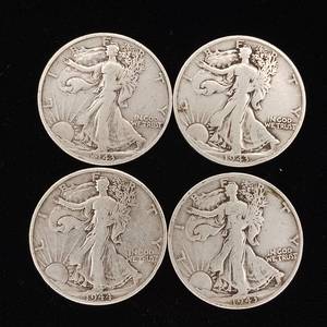 lot 220 image: 90% Silver Walking Liberty Half Dollars mixed years - 4 Coins Total � 2 Dollars Face Value � Tax Exempt Constitutional Currency