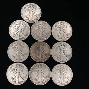 lot 223 image: Large Lot mixed years 90% Silver Walking Liberty Half Dollars - 10 Coins Total � 5 Dollars Face Value � Tax Exempt Constitutional Currency
