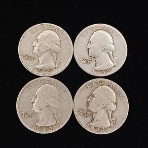 lot 226 image: 90% Silver Washington Quarters - 4 Coins Total mixed years (41x2 and 43x2) � One Dollar Face Value � Tax Exempt Constitutional Currency