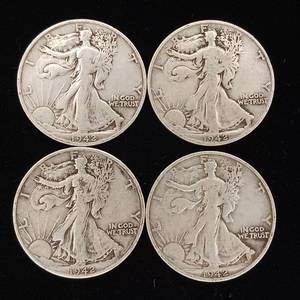 lot 232 image: 1942 90% Silver Walking Liberty Half Dollars - 4 Coins Total � 2 Dollars Face Value � Tax Exempt Constitutional Currency