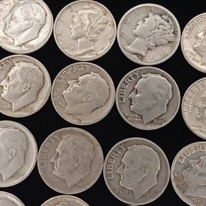 lot 215 image: 90% Silver Dimes - 20 Coins Total � 2 Dollars Face Value � Tax Exempt Constitutional Currency � includes 2 Mercury Dimes